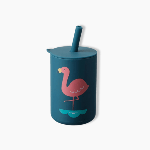 Gourde enfant en silicone avec paille Flamant Rose/Bleu / 150ml